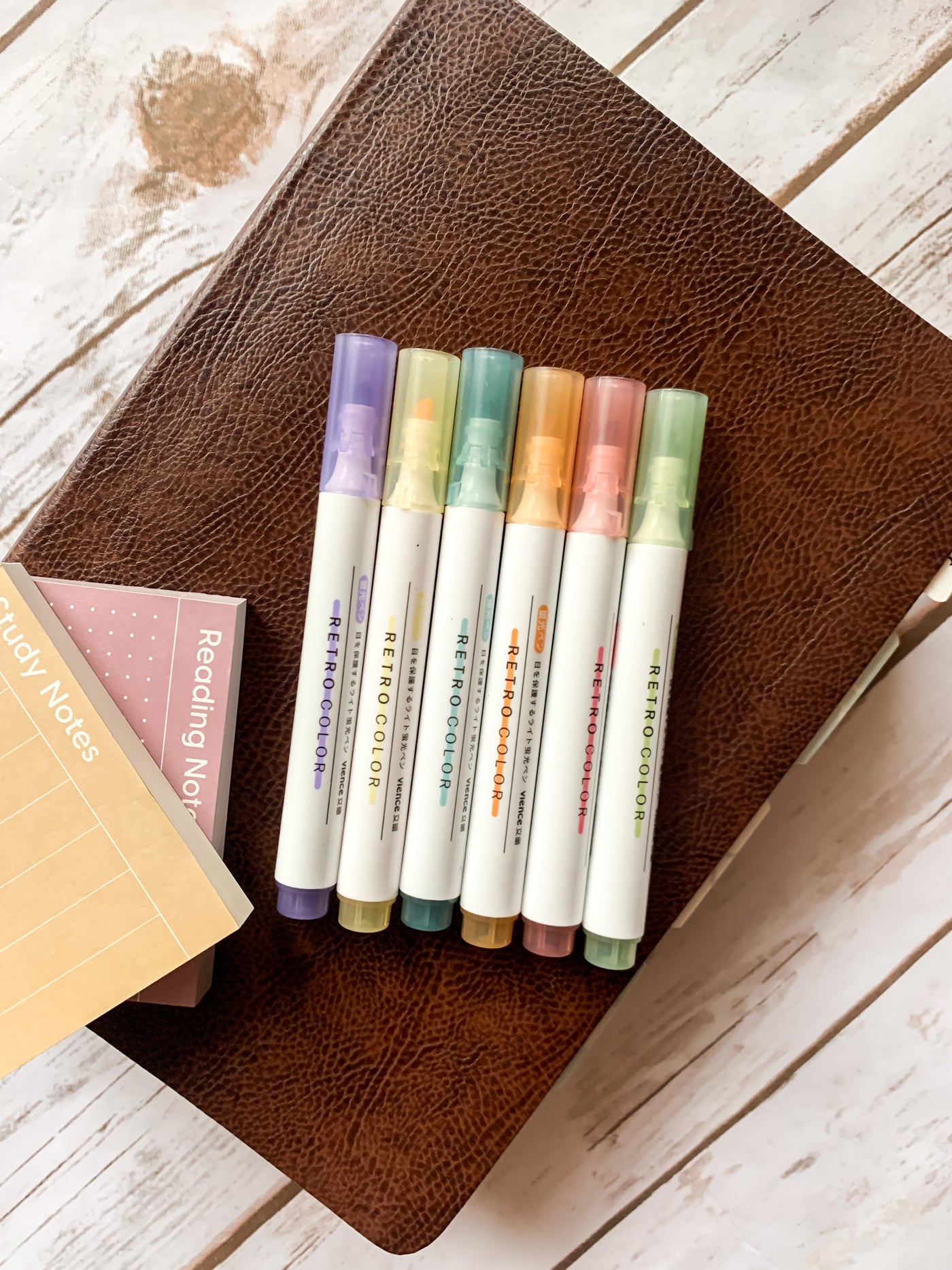 The James Method Retro Colors highlighter set to use in your bible or verse mapping journal. Colors are yellow, blue, purple, orange, pink, and green. Highlighters lay beside sticky note sets on top of a bible.